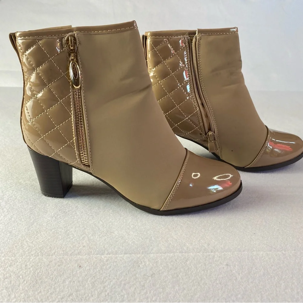 Tan Quilted Ankle Boots Sz 8 with side zipper 2” heel Comfortable Casual Dressy